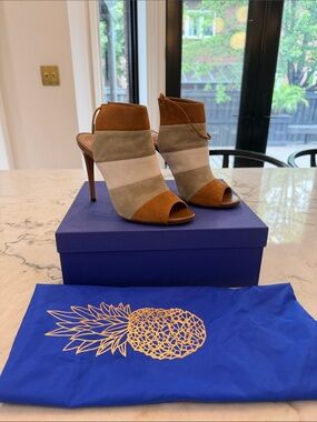 Aquazzura Rainbow 105 Striped Suede Peep-Toe Booties